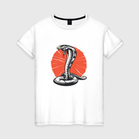 Женская футболка хлопок с принтом Японская Кобра | Japan Cobra , 100% хлопок | прямой крой, круглый вырез горловины, длина до линии бедер, слегка спущенное плечо | art | asp | aspid | cobra kai | japanese | poison | poisoned | red sun | snake | vemonous | venom | viper | арт | вайпер | восходящее солнце | змея | иллюстрация | кобра кай | красное солнце | рисунок кобры | солнце | яд | яд