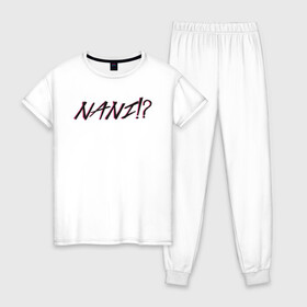 Женская пижама хлопок с принтом Nani!? , 100% хлопок | брюки и футболка прямого кроя, без карманов, на брюках мягкая резинка на поясе и по низу штанин | ahegao | anime | baka | chibi | desu | japan | kohai | nani | neko | otaku | senpai | sensei | waifu | weeaboo | weeb | аниме | анимешник | анимешница | ахегао | бака | вайфу | виабу | десу | кохай | культура | нани | неко | отаку | сенпай | сенсеи | трен