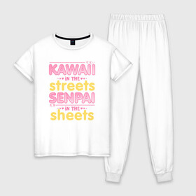 Женская пижама хлопок с принтом Kawaii in the streets , 100% хлопок | брюки и футболка прямого кроя, без карманов, на брюках мягкая резинка на поясе и по низу штанин | ahegao | anime | baka | chibi | desu | japan | kohai | nani | neko | otaku | senpai | sensei | waifu | weeaboo | weeb | аниме | анимешник | анимешница | ахегао | бака | вайфу | виабу | десу | кохай | культура | нани | неко | отаку | сенпай | сенсеи | трен