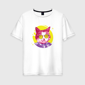Женская футболка хлопок Oversize с принтом Кот Тусовщик в солнечных очках , 100% хлопок | свободный крой, круглый ворот, спущенный рукав, длина до линии бедер
 | cat | cats | chill | cool cat | kitten | leto | party | puss | pussy | pussycat | summer | vacation | киски | кисы | кот в гавайской рубашке | котёнок | котики | котята | котятки | кошечки | кошка | лето | отдых | отпуск | пати |