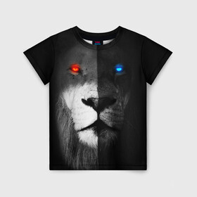 Детская футболка 3D с принтом ЛЕВ - НЕОНОВЫЕ ГЛАЗА , 100% гипоаллергенный полиэфир | прямой крой, круглый вырез горловины, длина до линии бедер, чуть спущенное плечо, ткань немного тянется | lion | neon | глаза | голова | дикая кошка | животные | кот | кошка | лев | неон | светящиеся глаза | тигр | хищник