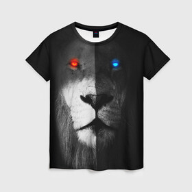 Женская футболка 3D с принтом ЛЕВ - НЕОНОВЫЕ ГЛАЗА , 100% полиэфир ( синтетическое хлопкоподобное полотно) | прямой крой, круглый вырез горловины, длина до линии бедер | lion | neon | глаза | голова | дикая кошка | животные | кот | кошка | лев | неон | светящиеся глаза | тигр | хищник