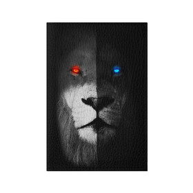 Обложка для паспорта матовая кожа с принтом ЛЕВ - НЕОНОВЫЕ ГЛАЗА , натуральная матовая кожа | размер 19,3 х 13,7 см; прозрачные пластиковые крепления | Тематика изображения на принте: lion | neon | глаза | голова | дикая кошка | животные | кот | кошка | лев | неон | светящиеся глаза | тигр | хищник