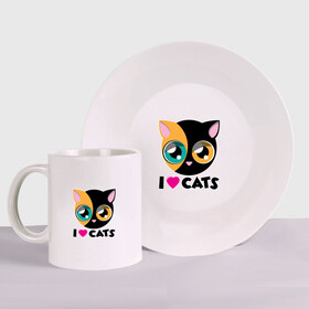 Набор: тарелка + кружка с принтом I Love Cats , керамика | Кружка: объем — 330 мл, диаметр — 80 мм. Принт наносится на бока кружки, можно сделать два разных изображения. 
Тарелка: диаметр - 210 мм, диаметр для нанесения принта - 120 мм. | animal | cat | cute | kitty | love | meow | друг | животные | киска | китти | кот | котенок | котик | котэ | кошечка | кошка | милый | мур | мяу | питомец | тигр