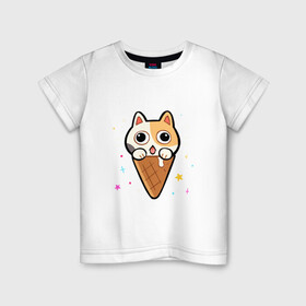 Детская футболка хлопок с принтом Ice Cream Cat , 100% хлопок | круглый вырез горловины, полуприлегающий силуэт, длина до линии бедер | animal | cat | cute | kitty | meow | друг | животные | киска | китти | кот | котенок | котик | котэ | кошечка | кошка | милый | мороженое | мур | мяу | питомец | тигр
