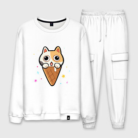 Мужской костюм хлопок с принтом Ice Cream Cat , 100% хлопок | на свитшоте круглая горловина, мягкая резинка по низу. Брюки заужены к низу, на них два вида карманов: два “обычных” по бокам и два объемных, с клапанами, расположенные ниже линии бедра. Брюки с мягкой трикотажной резинкой на поясе и по низу штанин. В поясе для дополнительного комфорта — широкие завязки | Тематика изображения на принте: animal | cat | cute | kitty | meow | друг | животные | киска | китти | кот | котенок | котик | котэ | кошечка | кошка | милый | мороженое | мур | мяу | питомец | тигр