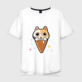 Мужская футболка хлопок Oversize с принтом Ice Cream Cat , 100% хлопок | свободный крой, круглый ворот, “спинка” длиннее передней части | animal | cat | cute | kitty | meow | друг | животные | киска | китти | кот | котенок | котик | котэ | кошечка | кошка | милый | мороженое | мур | мяу | питомец | тигр