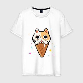 Мужская футболка хлопок с принтом Ice Cream Cat , 100% хлопок | прямой крой, круглый вырез горловины, длина до линии бедер, слегка спущенное плечо. | animal | cat | cute | kitty | meow | друг | животные | киска | китти | кот | котенок | котик | котэ | кошечка | кошка | милый | мороженое | мур | мяу | питомец | тигр