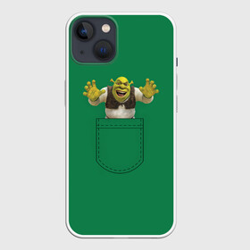 Чехол для iPhone 13 с принтом Шрек рычит из кармана ,  |  | charming | donkey | fiona | forever | gonna | is | me | once | pinocchio | roll | shrek | somebody | the | told | world | артур | в | гарольд | дракон | кот | лорд | мерлин | навсегда | огр | осел | пиноккио | пряник | сапогах | фаркуад | фиона