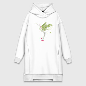 Платье-худи хлопок с принтом Колибри из листья и цветов ,  |  | зеленый | колибри | листья | полет | птица | стилизация | цветы