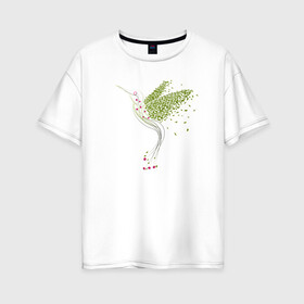 Женская футболка хлопок Oversize с принтом Колибри из листья и цветов , 100% хлопок | свободный крой, круглый ворот, спущенный рукав, длина до линии бедер
 | зеленый | колибри | листья | полет | птица | стилизация | цветы