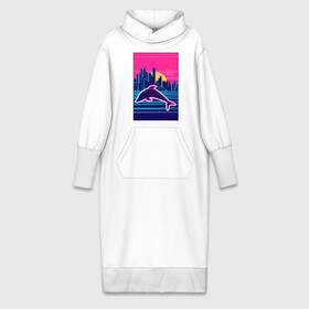 Платье удлиненное хлопок с принтом Дельфин на фоне города ,  |  | город | дельфин | закат | море | ретро