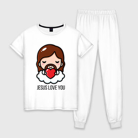 Женская пижама хлопок с принтом Иисус любит тебя , 100% хлопок | брюки и футболка прямого кроя, без карманов, на брюках мягкая резинка на поясе и по низу штанин | доброта | иисус | любовь | молитва | облако | пасха