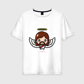 Женская футболка хлопок Oversize с принтом Иисус с крыльями , 100% хлопок | свободный крой, круглый ворот, спущенный рукав, длина до линии бедер
 | ангел | воскрес | иисус | крылья | нимб | святой