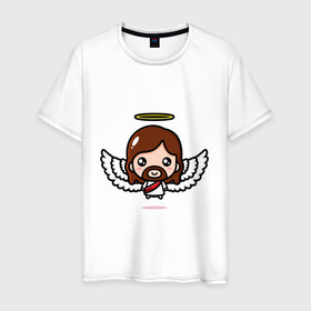 Мужская футболка хлопок с принтом Иисус с крыльями , 100% хлопок | прямой крой, круглый вырез горловины, длина до линии бедер, слегка спущенное плечо. | ангел | воскрес | иисус | крылья | нимб | святой