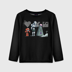 Детский лонгслив 3D с принтом Любовь, Смерть & Роботы , 100% полиэстер | длинные рукава, круглый вырез горловины, полуприлегающий силуэт
 | Тематика изображения на принте: cat | cats | death | logo | love | netflix | robots | анимация | кино | кот | кошка | лого | любовь | нетфликс | роботы | сериал