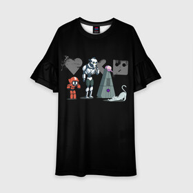 Детское платье 3D с принтом Любовь, Смерть & Роботы , 100% полиэстер | прямой силуэт, чуть расширенный к низу. Круглая горловина, на рукавах — воланы | Тематика изображения на принте: cat | cats | death | logo | love | netflix | robots | анимация | кино | кот | кошка | лого | любовь | нетфликс | роботы | сериал