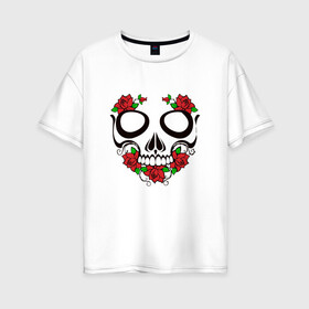 Женская футболка хлопок Oversize с принтом Череп и розы , 100% хлопок | свободный крой, круглый ворот, спущенный рукав, длина до линии бедер
 | skull | глазницы | розы | цветы | череп