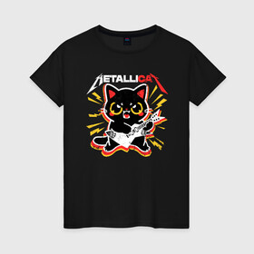 Женская футболка хлопок с принтом METALLICAT , 100% хлопок | прямой крой, круглый вырез горловины, длина до линии бедер, слегка спущенное плечо | cat | metallica | metallicat | rock | кот | металлика | музыка | рок | рокер