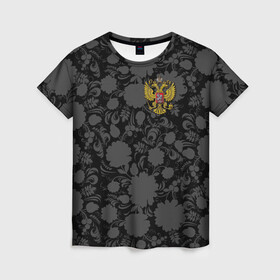 Женская футболка 3D с принтом Герб России Хохлома , 100% полиэфир ( синтетическое хлопкоподобное полотно) | прямой крой, круглый вырез горловины, длина до линии бедер | country | eagle | russia | герб | двуглавый | орел | россия | страна | флаг | хохлома