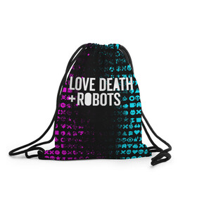 Рюкзак-мешок 3D с принтом ЛЮБОВЬ СМЕРТЬ И РОБОТЫ , 100% полиэстер | плотность ткани — 200 г/м2, размер — 35 х 45 см; лямки — толстые шнурки, застежка на шнуровке, без карманов и подкладки | death | hear | ldr | logo | love | netflix | robots | smile | анимация | кино | лого | лср | любовь | нетфликс | роботы | сердце | сериал | смайл | смайлик