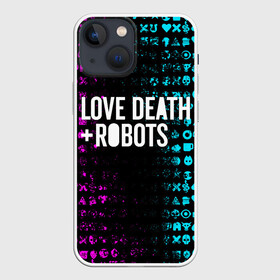 Чехол для iPhone 13 mini с принтом ЛЮБОВЬ СМЕРТЬ И РОБОТЫ ,  |  | death | hear | ldr | logo | love | netflix | robots | smile | анимация | кино | лого | лср | любовь | нетфликс | роботы | сердце | сериал | смайл | смайлик