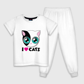 Детская пижама хлопок с принтом I Love Cats , 100% хлопок |  брюки и футболка прямого кроя, без карманов, на брюках мягкая резинка на поясе и по низу штанин
 | Тематика изображения на принте: animal | cat | cute | kitty | love | meow | друг | животные | киска | китти | кот | котенок | котик | котэ | кошечка | кошка | люблю | любовь | милый | мур | мяу | питомец | тигр