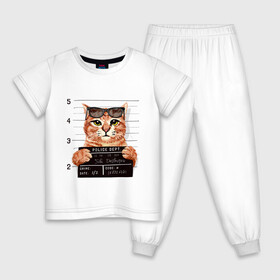Детская пижама хлопок с принтом РУТОЙ КОТ В ОЧКАХ ЗАКЛЮЧЕННЫЙ , 100% хлопок |  брюки и футболка прямого кроя, без карманов, на брюках мягкая резинка на поясе и по низу штанин
 | Тематика изображения на принте: cat | cats | cool | cute | funny | kitten | kitty | meow | pet | prisoner | в очках | заключенный | кот | котик | коты | кошка | кошки | милый