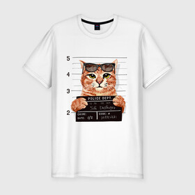 Мужская футболка хлопок Slim с принтом РУТОЙ КОТ В ОЧКАХ ЗАКЛЮЧЕННЫЙ , 92% хлопок, 8% лайкра | приталенный силуэт, круглый вырез ворота, длина до линии бедра, короткий рукав | cat | cats | cool | cute | funny | kitten | kitty | meow | pet | prisoner | в очках | заключенный | кот | котик | коты | кошка | кошки | милый