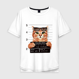 Мужская футболка хлопок Oversize с принтом РУТОЙ КОТ В ОЧКАХ ЗАКЛЮЧЕННЫЙ , 100% хлопок | свободный крой, круглый ворот, “спинка” длиннее передней части | Тематика изображения на принте: cat | cats | cool | cute | funny | kitten | kitty | meow | pet | prisoner | в очках | заключенный | кот | котик | коты | кошка | кошки | милый