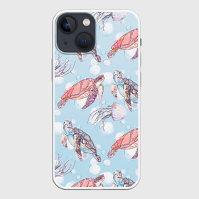 Чехол для iPhone 13 mini с принтом подводный мир черепахи медузы ,  |  | биология | зоология | лето | медузы | море | океан | отдых | подводный мир | пузырьки | черепахи