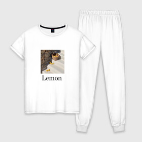 Женская пижама хлопок с принтом лимон лимонад эстетика , 100% хлопок | брюки и футболка прямого кроя, без карманов, на брюках мягкая резинка на поясе и по низу штанин | кэжл | лимон | лимонад | эстетика