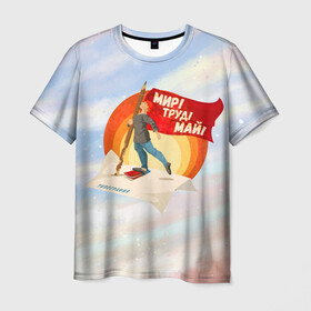 Мужская футболка 3D с принтом Лозунг , 100% полиэфир | прямой крой, круглый вырез горловины, длина до линии бедер | 1 мая | весна | день труда | лозунги | май | мир | первомай | рабочие | труд | флаг