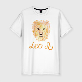 Мужская футболка хлопок Slim с принтом Лев, знак зодиака, голова льва , 92% хлопок, 8% лайкра | приталенный силуэт, круглый вырез ворота, длина до линии бедра, короткий рукав | Тематика изображения на принте: акварель | голова льва | желтый | знак зодиака | лев | оранжевый