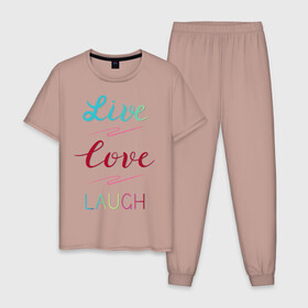 Мужская пижама хлопок с принтом Live love laugh Живи люби , 100% хлопок | брюки и футболка прямого кроя, без карманов, на брюках мягкая резинка на поясе и по низу штанин
 | laugh | live | love | живи | зеленый | красный | леттеринг | люби | розовый | смейся