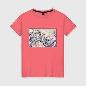 Женская футболка хлопок с принтом Японская лягушка Укиё-э , 100% хлопок | прямой крой, круглый вырез горловины, длина до линии бедер, слегка спущенное плечо | art | great wave | illustration | japan | japanese wave | kanji | storm | tentacle | toad | ukiyo e | wave | арт | большая волна | иероглифы | изобразительное искусство | иллюстрация | кандзи | картина | рисунок | шторм | щупальца | япония | 