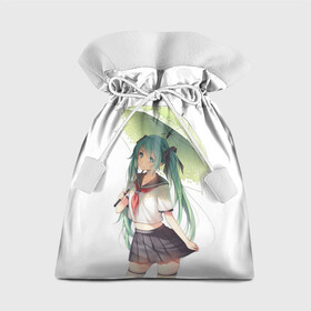 Подарочный 3D мешок с принтом Девушка с зонтиком , 100% полиэстер | Размер: 29*39 см | Тематика изображения на принте: аниме | девушка с зонтиком | зеленые волосы | зонт | школьная форма