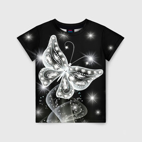 Детская футболка 3D с принтом Белая бабочка , 100% гипоаллергенный полиэфир | прямой крой, круглый вырез горловины, длина до линии бедер, чуть спущенное плечо, ткань немного тянется | бабочка | блестки | блестящая бабочка | черно белое