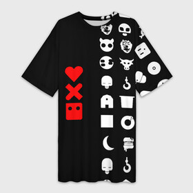 Платье-футболка 3D с принтом Любовь, смерть и роботы ,  |  | love death robots | netflix | анимационные | знаки | иконки | кибер | крест | логотипы сериалов | нетфликс | роботы | сердце | сериалы | символы | черепа | черно белый