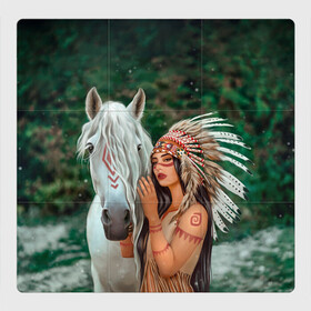 Магнитный плакат 3Х3 с принтом Дочь вождя , Полимерный материал с магнитным слоем | 9 деталей размером 9*9 см | девушка | индейская девушка | индейцы | лошадь