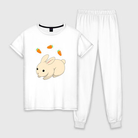 Женская пижама хлопок с принтом кролик с морковкой , 100% хлопок | брюки и футболка прямого кроя, без карманов, на брюках мягкая резинка на поясе и по низу штанин | аниме | грызун | домашнее животное | животное | кролик | морковь | овощ | питомец
