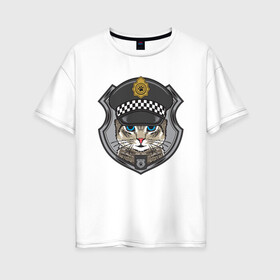 Женская футболка хлопок Oversize с принтом CAT POLICE КОШАЧЬЯ ПОЛИЦИЯ (Z) , 100% хлопок | свободный крой, круглый ворот, спущенный рукав, длина до линии бедер
 | 102 | 112 | cat | cats | constabulary | cop | law | meow | police | policeman | жандарм | интерпол | коп | копы | кот | котик | котики | коты | кошка | кошки | красивая кошка | мент | мяу