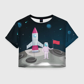 Женская футболка Crop-top 3D с принтом Астронавт покоряет космос , 100% полиэстер | круглая горловина, длина футболки до линии талии, рукава с отворотами | astronaut | moon | planets | rocket | shuttle | space | stars | звёзды | космонавт | космос | луна | планеты | ракета | шаттл