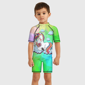 Детский купальный костюм 3D с принтом Единорог на облачке , Полиэстер 85%, Спандекс 15% | застежка на молнии на спине | геометрия | единорог | красочный фон | облако | разноцветная геометрия