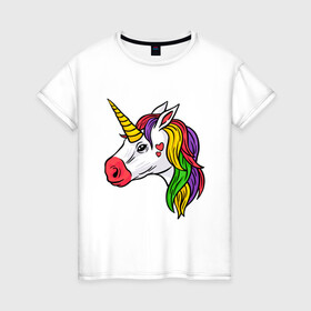 Женская футболка хлопок с принтом Цветной Единорог , 100% хлопок | прямой крой, круглый вырез горловины, длина до линии бедер, слегка спущенное плечо | animal | horse | love | голова | грива | единорог | животные | зверь | конь | лошадь | любовь | магия | миф | рога | сердечки