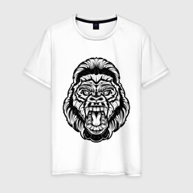 Мужская футболка хлопок с принтом Злая Горилла , 100% хлопок | прямой крой, круглый вырез горловины, длина до линии бедер, слегка спущенное плечо. | Тематика изображения на принте: animal | beast | gorilla | monkey | горилла | животные | зверь | конг | обезьяна | природа | хищник