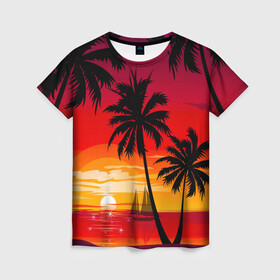 Женская футболка 3D с принтом Гавайский закат , 100% полиэфир ( синтетическое хлопкоподобное полотно) | прямой крой, круглый вырез горловины, длина до линии бедер | гавайи | закат | корабль | лето | море | отдых | пальмы | пейзаж | песок | пляж | природа | тропики