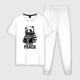 Мужская пижама хлопок с принтом Плохая панда , 100% хлопок | брюки и футболка прямого кроя, без карманов, на брюках мягкая резинка на поясе и по низу штанин
 | bad | panda | заключенный | медведь | наручники | панда