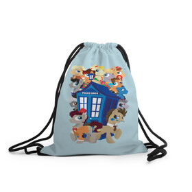 Рюкзак-мешок 3D с принтом My little pony x Doctor Who , 100% полиэстер | плотность ткани — 200 г/м2, размер — 35 х 45 см; лямки — толстые шнурки, застежка на шнуровке, без карманов и подкладки | my little pony | весёлая пинки пай | добрая флаттершайн | доктор кто | дружба это чудо | единорог | единороги | май литл пони | мульт | мультфильм | радуга дэш | селестия | спайк | сумеречная искорка