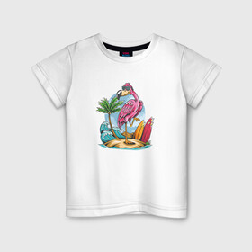 Детская футболка хлопок с принтом Фламинго на пляже , 100% хлопок | круглый вырез горловины, полуприлегающий силуэт, длина до линии бедер | Тематика изображения на принте: beach | palm | sea | summer | волны | жара | летние | лето | море | пальмы | пляж | серфинг | фламинго